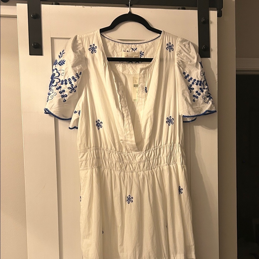 Anthropologie White and Blue Embroidered Maxi Dress